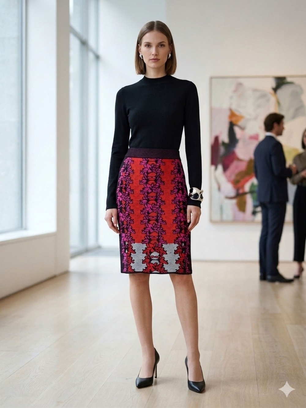 Missoni Textured Knit Pencil Skirt In Red Black Magenta Abstract Print